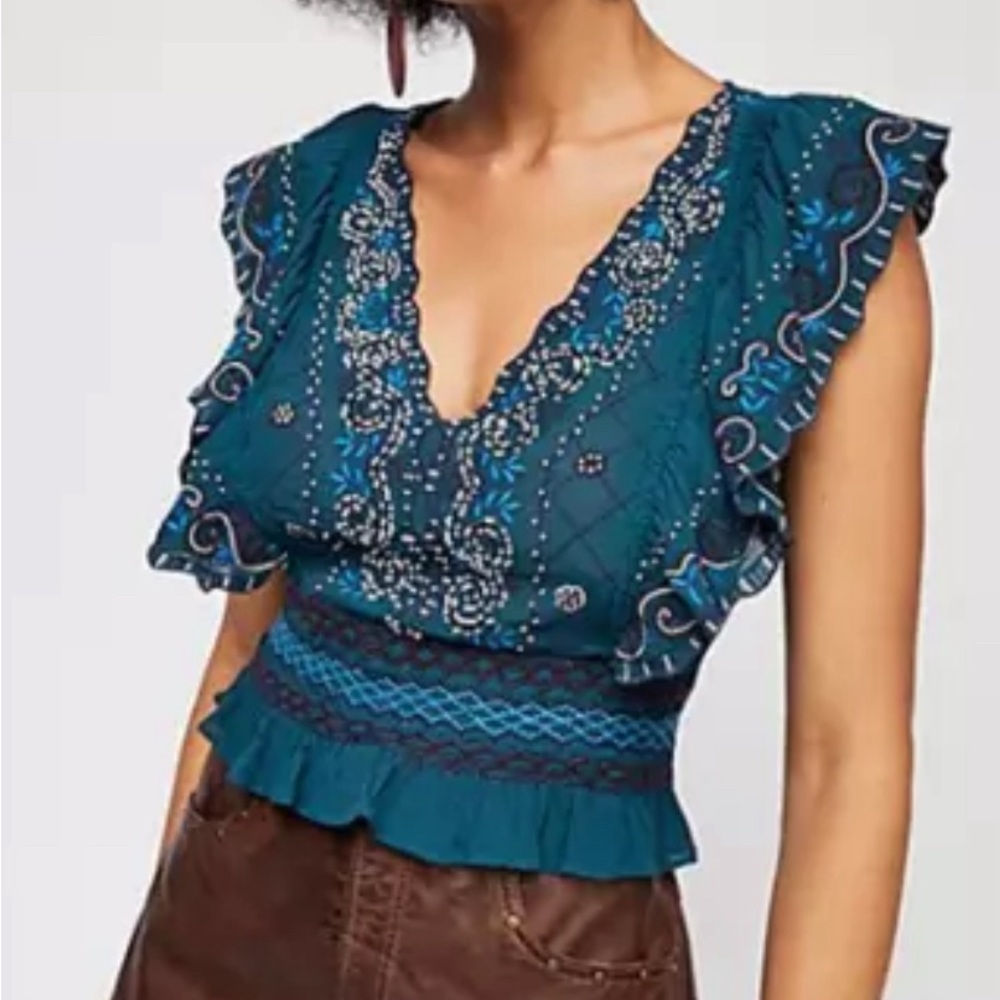 Free People Teal Embroidered Ruffled V-Neck Crop Top
